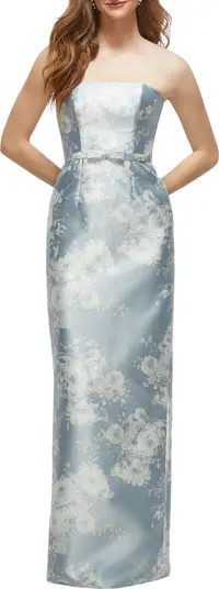 Alfred Sung Floral Strapless Bow Belt Satin Twill Column Gown | Nordstrom | Nordstrom