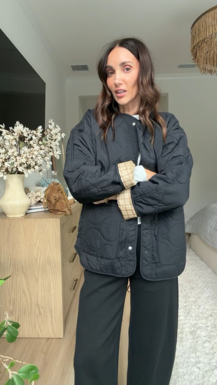 Jacket size XS, cardigan size S, pants XS.

black quilted jacket, quilted jacket, black jacket, lightweight quilted jacket, women’s fall jacket, casual fall jacket, everyday layering jacket, transitional fall jacket, Target fashion finds