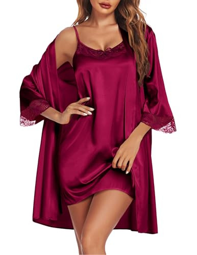 Ekouaer Sleepwear Women's Satin Nightgown with Robes Set 2 Piece Sexy Lace Cami Nightwear Wine Red M | Amazon (US)