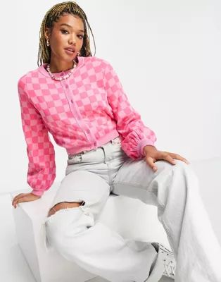 Daisy Street boxy cropped cardigan in pink checkerboard knit | ASOS (Global)