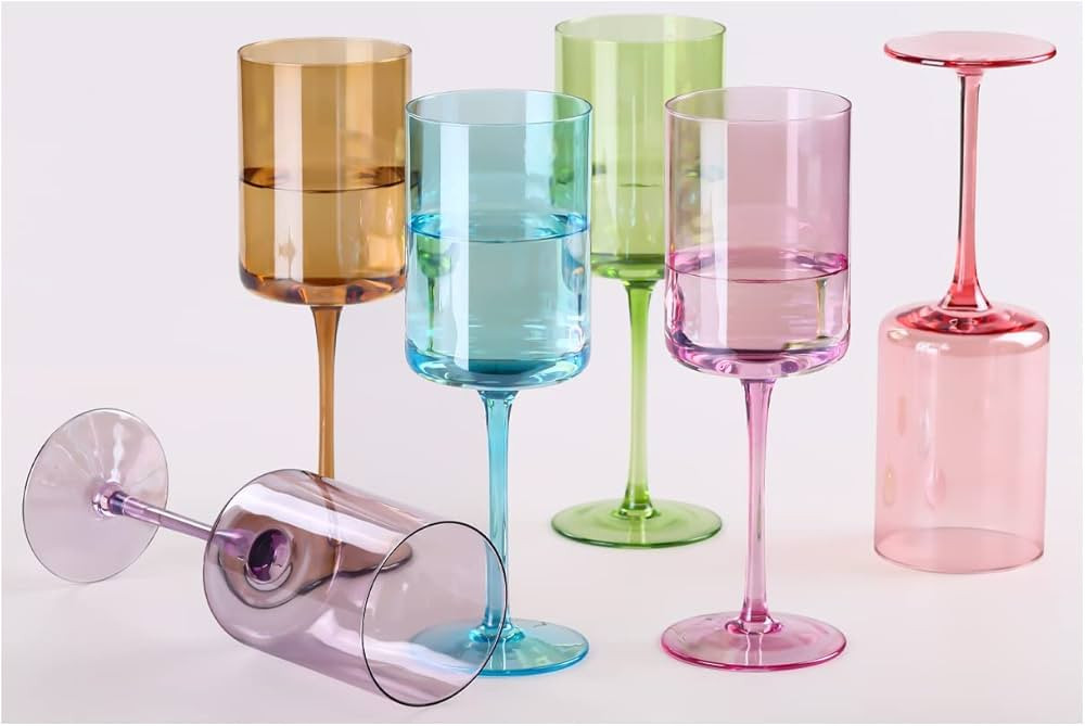 Physkoa Hand Blown Colorful Wine Glasses Set of 6 - Crystal Stemware Glasses with Long Stem, Idea... | Amazon (US)