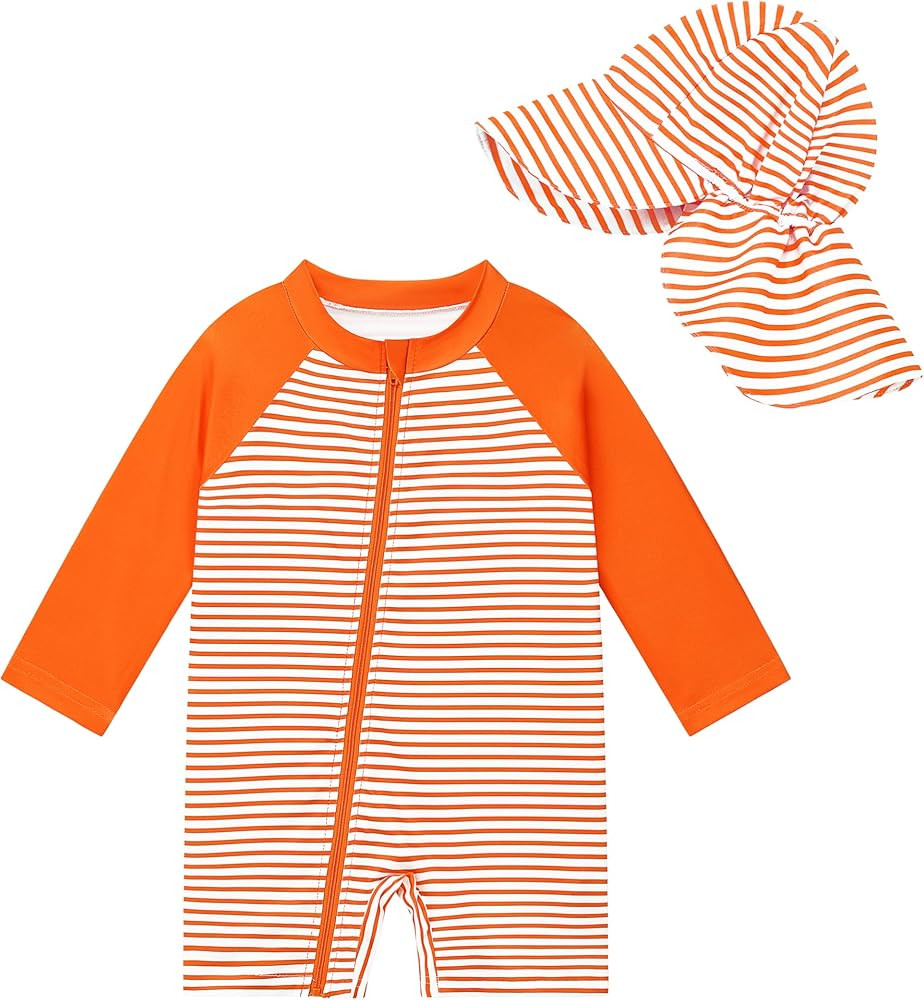 UPF 50+ Baby Toddler Boy One Piece Swimsuit with Sun Hat Long Sleeve Zipper Rashguard Bathing Sui... | Amazon (US)