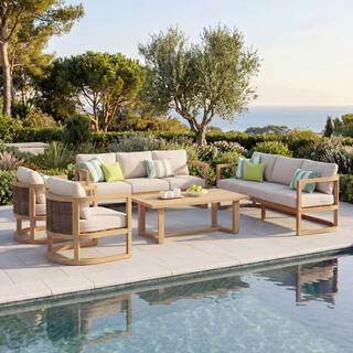 Quincy Light Teak Finish 5-Piece Solid Wood and Wicker Back Patio Conversation Deep Seating Set with Beige Cushions | The Home Depot
