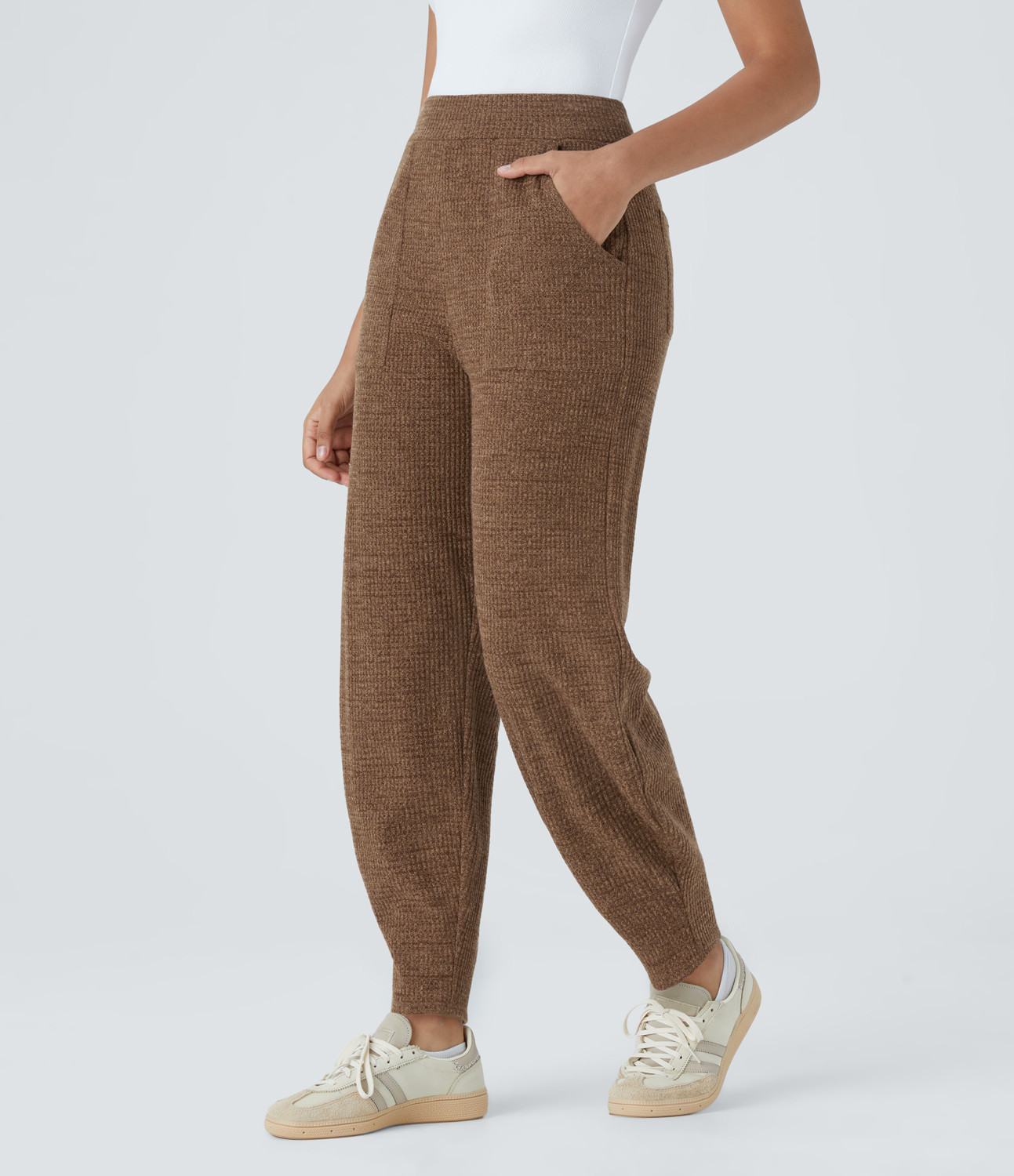 Halara High Waisted Multiple Pockets Knit Waffle Casual Pile Joggers - Toffee - XL(regular) | HALARA