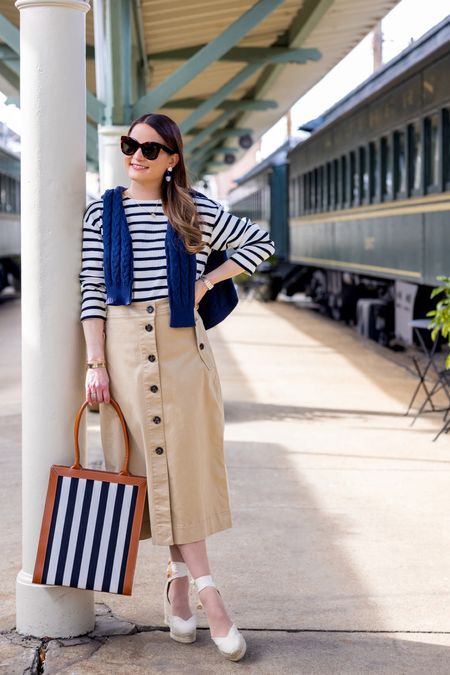 Spring outfit idea featuring a striped shirt, midi skirt, and bag. 

#LTKfindsunder100 #LTKfindsunder50 #LTKSeasonal