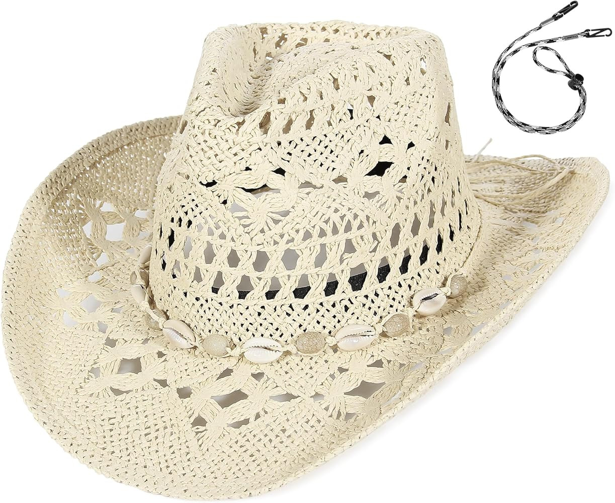 EOZY Men & Women's Summer Cowboy Cowgirl Straw Hat Hollow Out Style Roll Up Brim Beach Sun Hat fo... | Amazon (UK)