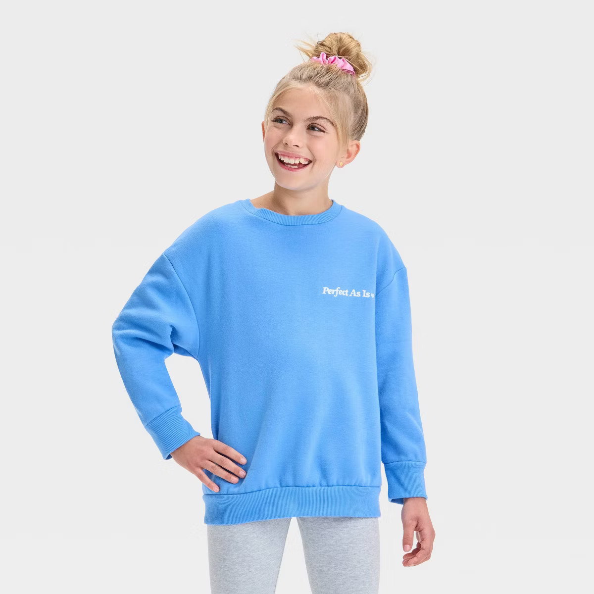 Kids' Fleece 'Perfect As Is' Crew Neck Pullover Sweatshirt - Cat & Jack™ Blue | Target