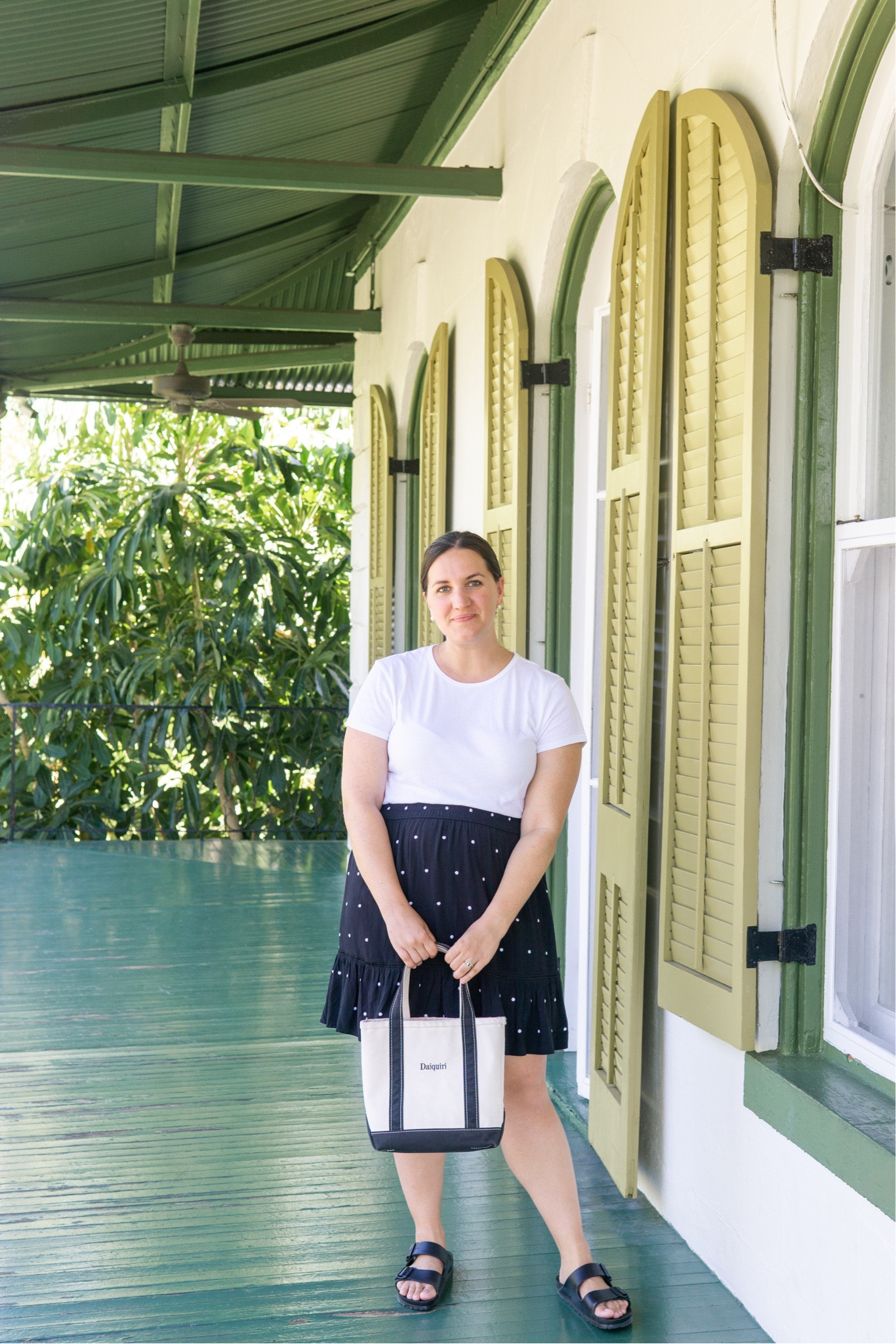 Hemingway, I’m home! Dressed for a day of exploring Key West. ☀️ Wearing a size Large tee from J. Crew, Large polka dot skirt from LOFT, Birkenstock sandals, and LL Bean Tote Bag. 

Coastal Grandmother meets Conch Republic

#LTKstyletip #LTKmidsize #LTKcurves