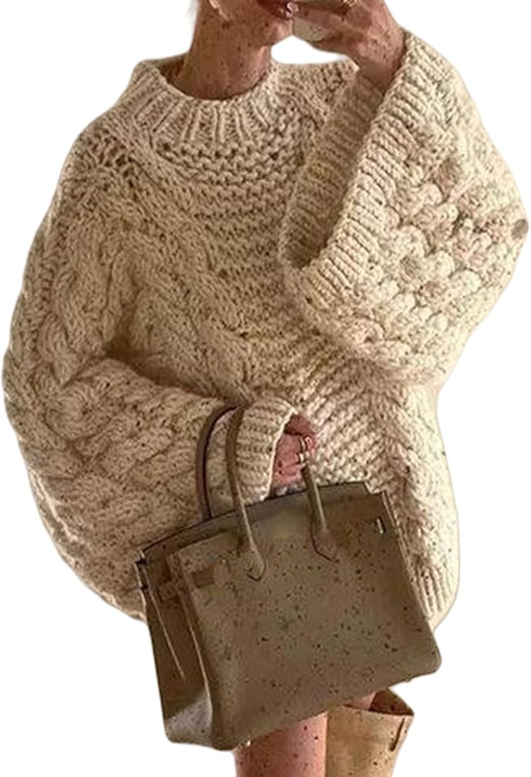 LETSVDO Women's Oversized Cable Knit Sweater Long Sleeve Crewneck Baggy Slouchy Chunky Pullover S... | Amazon (US)