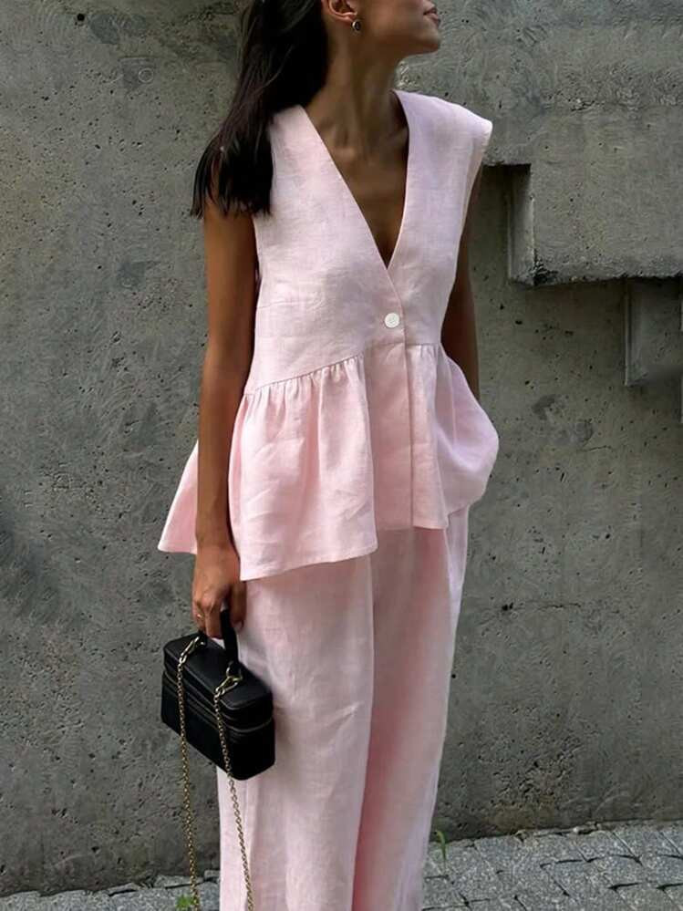 Linen Blend Sleeveless V-Neck Loose Top And Elastic Waist Pocket Wide-Leg Pants Set,Fall Women Cl... | SHEIN