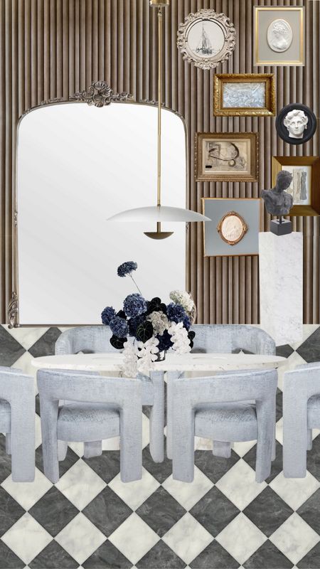Dining room design 

Marble dining table, blue dining chairs, floral arrangement, gallery wall, pedestal, pendant, lighting, ornate floor mirror, bust sculpture

#LTKMostLoved #LTKhome #LTKSeasonal