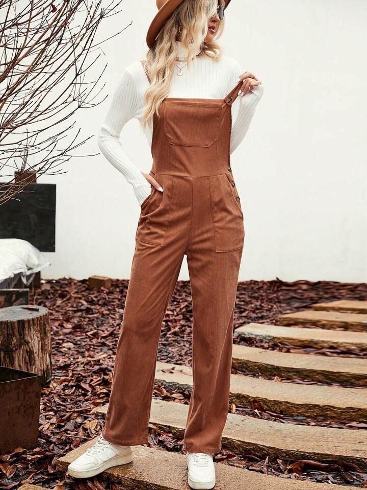 SHEIN Essnce Slant Pocket Corduroy Overall Jumpsuit Without Sweater | SHEIN