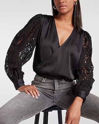 Satin Wrap Front Lace Sleeve Top | Express