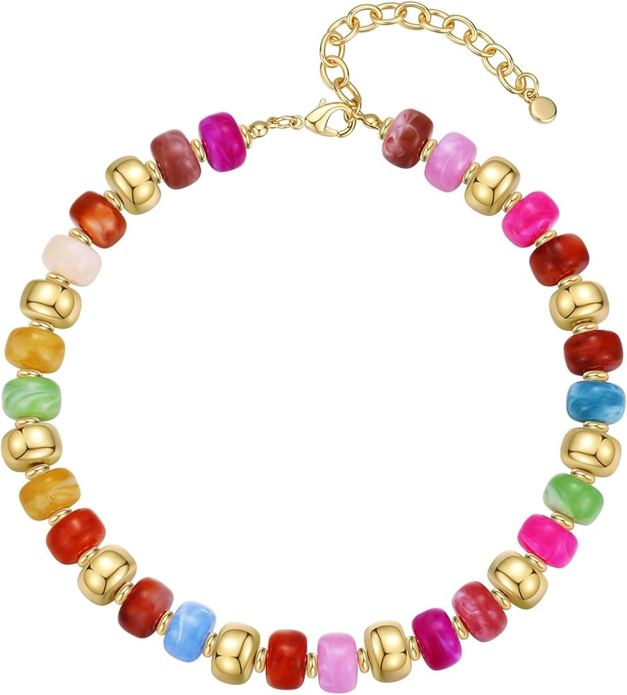 Resin Chunky Colorful Beaded Necklace for Women, Adjustable Boho Statement Necklace Summer Beach ... | Amazon (US)