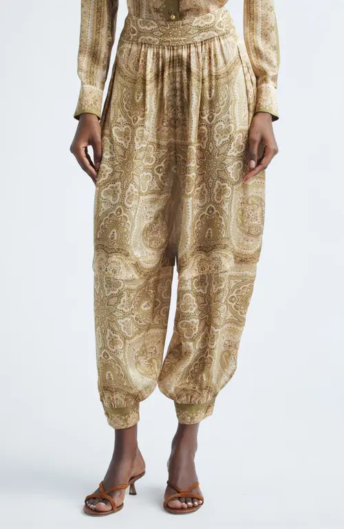 Zimmermann Kindred Spirit Luna Silk Satin Harem Pants in Olive Perla Paisley at Nordstrom, Size 4 | Nordstrom