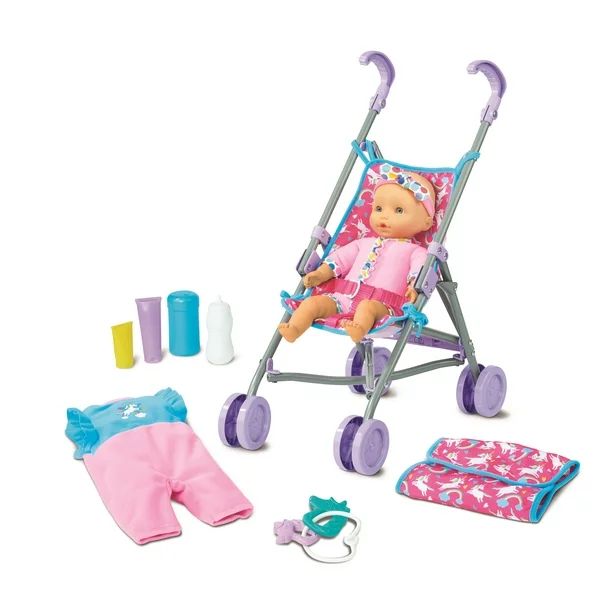 Kid Connection 10-Piece Baby Doll & Stroller Set, Light Skin Tone | Walmart (US)