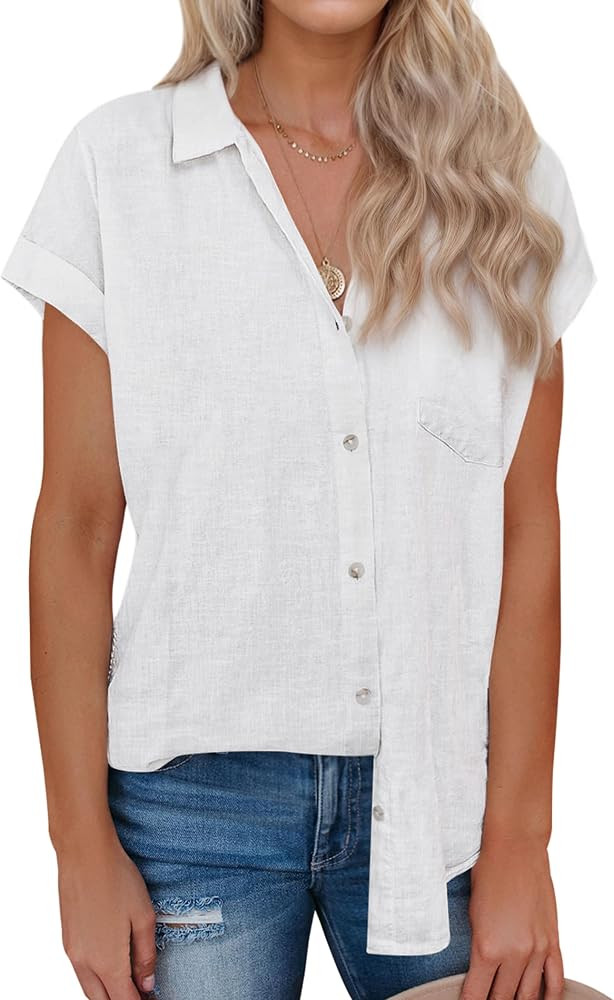 siliteelon Linen Shirts for Women Button Down Shirts Short Sleeve Cotton Collared V Neck Solid Ca... | Amazon (US)