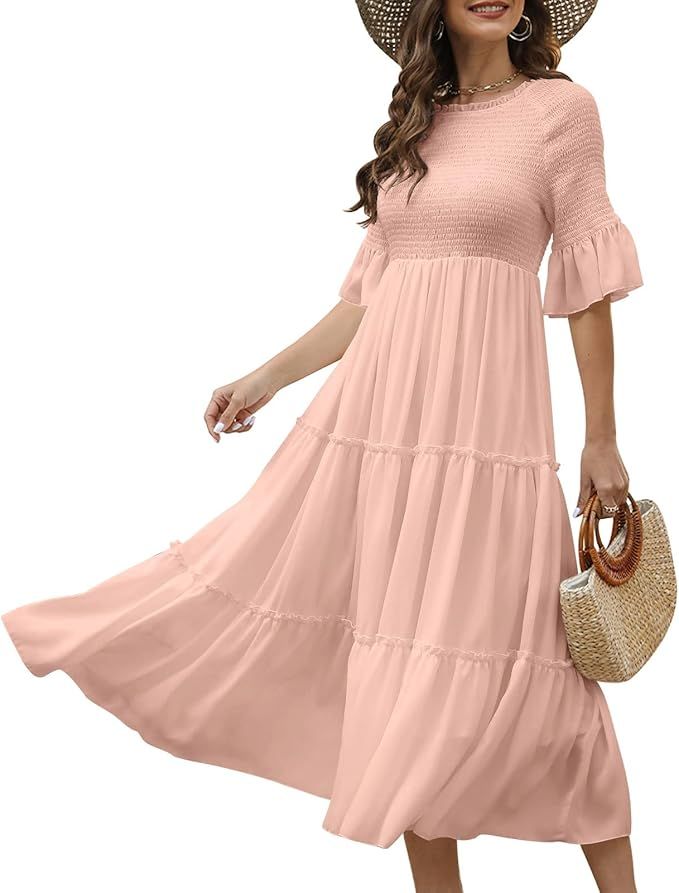 LILLUSORY Women's 2023 Spring Dress Trendy Smocked A-Line Tiered Flowy Midi Boho Dresses | Amazon (US)