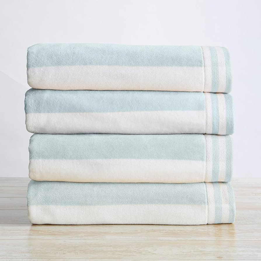 Great Bay Home 100% Cotton Velour 4 Pack Oversized Beach Towels - Light Blue Cabana Stripe Pool T... | Amazon (US)