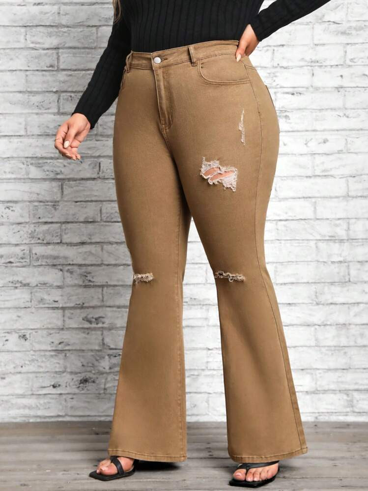 SHEIN LUNE Plus High Waist Ripped Flare Leg Jeans | SHEIN