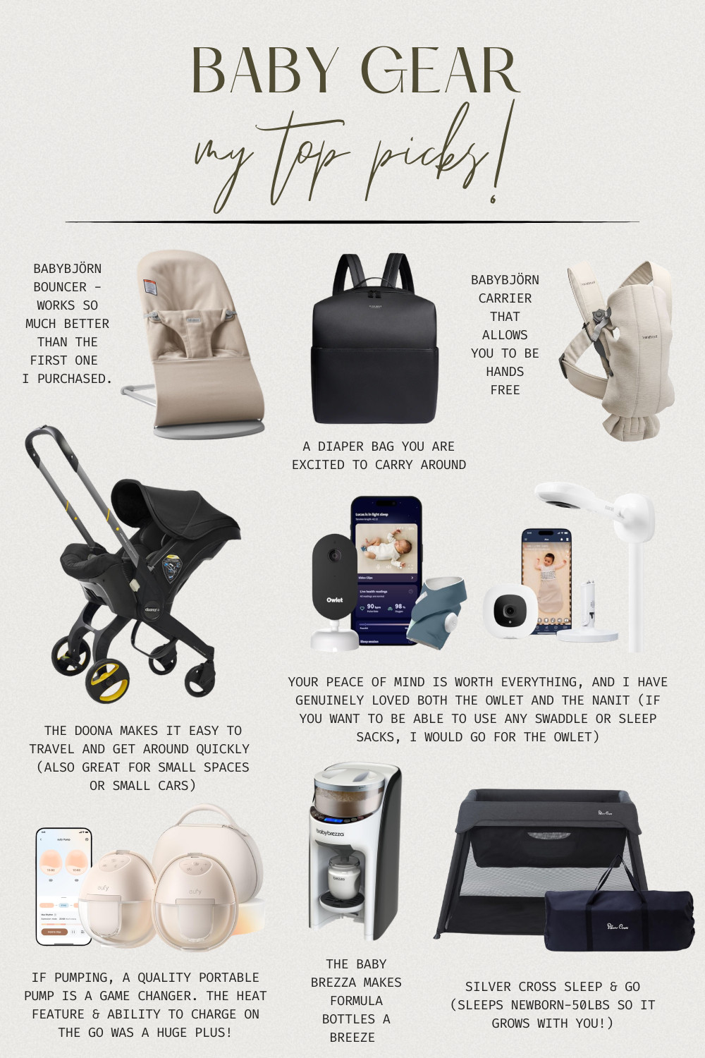 My top baby gear picks that are actually worth every penny 🙌🤍 There is so much out there and it can feel so overwhelming, so I wanted to share the pieces I genuinely love and use. The BabyBjörn Bouncer is miles ahead of the first one I tried, the Doona is a game changer for travel and small spaces, the BabyBjörn Carrier keeps you hands free without sacrificing comfort, and a diaper bag you actually love carrying makes. For monitoring, I have genuinely loved both the Owlet and the Nanit — but if you want the flexibility to use any swaddle or sleep sack, I would go with the Owlet. The Eufy wearable pump with the heat feature and on the go charging was a huge win for me. Once I stopped breastfeeding, the Baby Brezza became my bestie. It makes formula bottles so easy. Lastly, the Silver Cross Sleep and Go travel crib is our second pack and play, and I wish I had gotten it first. It grows with your baby all the way up to 50 pounds! Everything is linked below 👇 

 #babygear #babyregistry #newborn #ltkbaby #ltkfamily #newmom #babyessentials #registrymustaves #LTKBaby #LTKBump #LTKKids