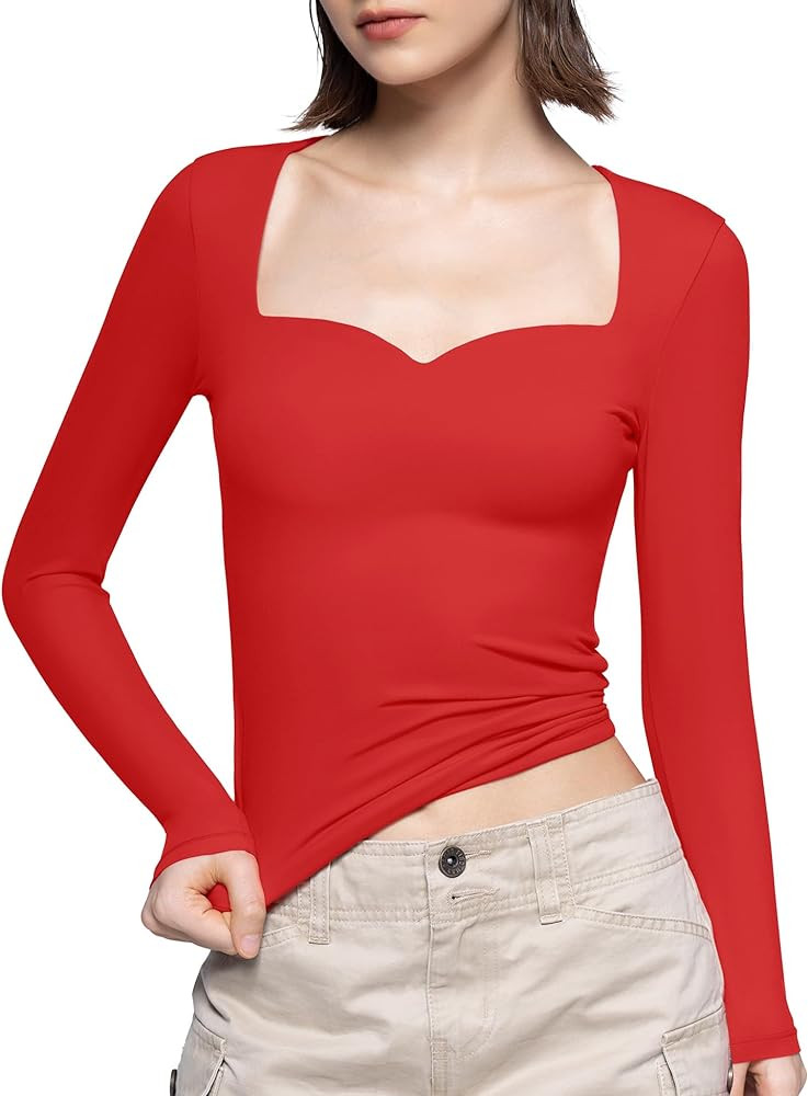 PUMIEY Women's Long Sleeve T Shirts Sweetheart Neck - Slim Fit Going Out Tops Sexy Basic Tee Smok... | Amazon (US)