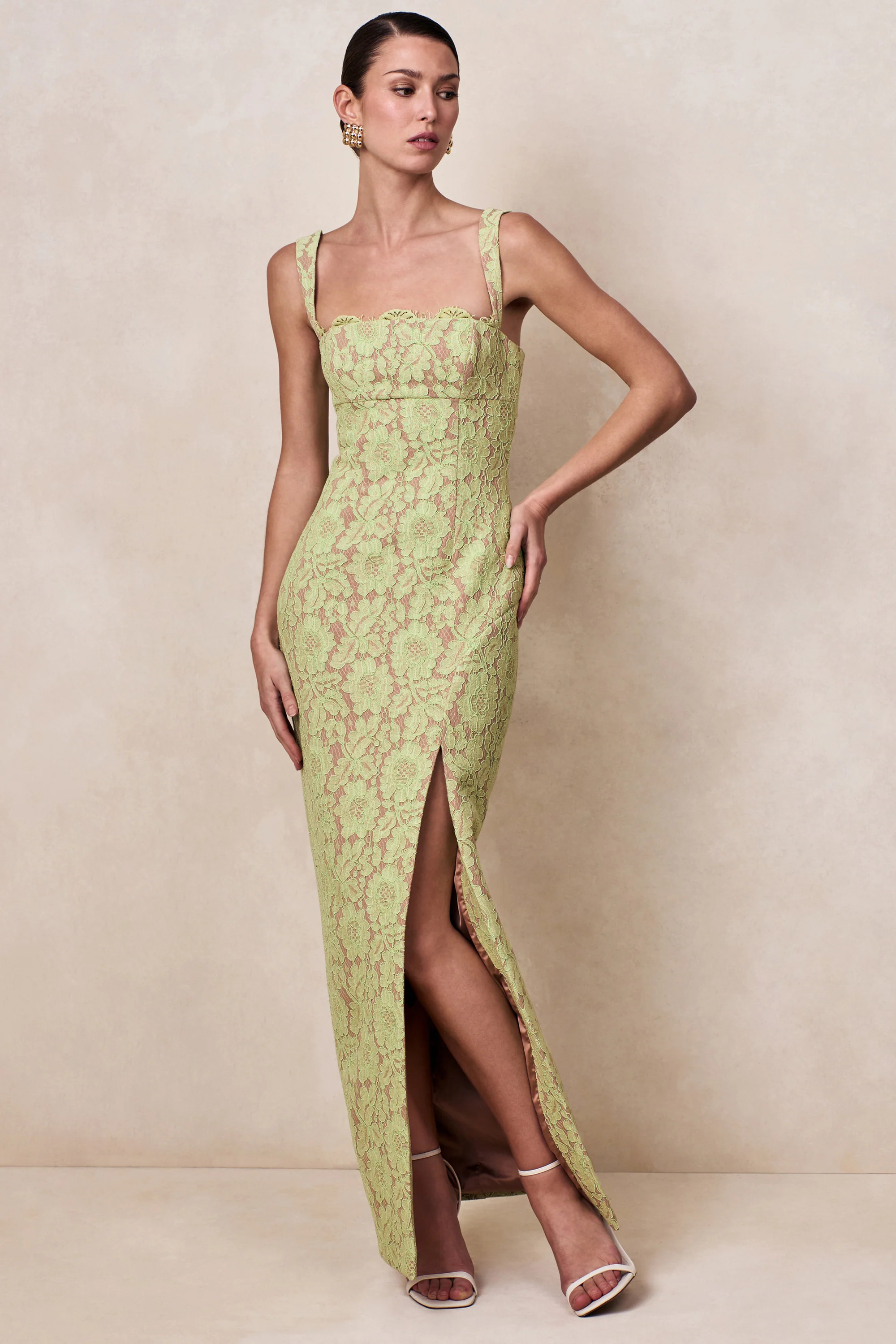 Zarisse | Green Lace Square-Neck Maxi Dress | Club L London