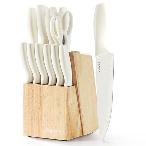 CAROTE 15Piece Knife Set, Kitchen Knife Block Set, Elegant White Ceramic-Coated Blades with Stylish Wooden Block for Modern Culinary Excellence | Amazon (US)