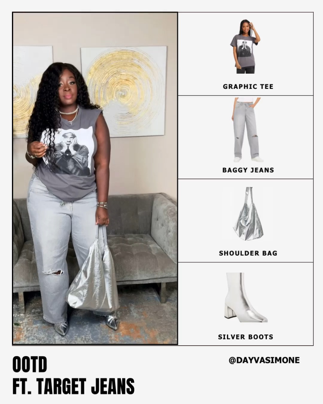 Comfy + cute vibes for a casual night out! 🖤 Loving these relaxed fit 90s baggy jeans from @Target, paired with my fave 2Pac graphic tee. 

The perfect look when you want to keep it stylish while staying super comfortable (and hiding that bloat 😉). 

Wearing a size 17 in the jeans and XXL in the shirt. Finished off the monochrome with silver boots and a matching shoulder bag. ✨ 

Shop while these are on sale! #TargetStyle #LTKcurves #OOTD #BaggyJeans #GraphicTee

#LTKFindsUnder50 #LTKPlusSize #LTKMidsize