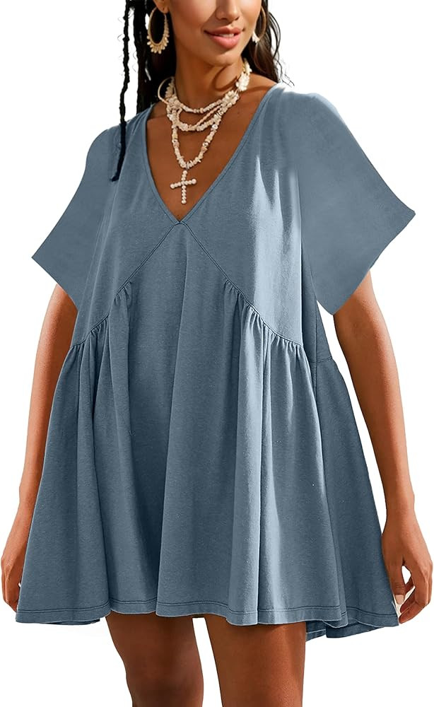 Women Summer Short Sleeve Mini Dress Casual Loose V Neck Flowy Sundress Vacation Tshirt Sun Dress... | Amazon (US)