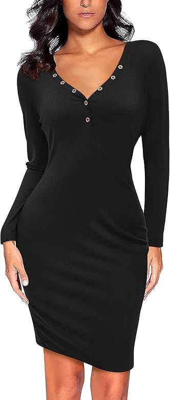 OUGES Women's V-Neck Long Sleeve Bodycon Dress Button Down Midi Party Dress | Amazon (US)