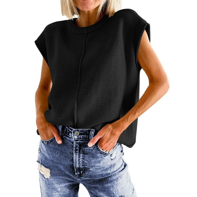 Fantaslook Cap Sleeve Sweaters for Women Casual Crew Neck Loose Knit Lightweight Sweater Vest Pul... | Walmart (US)
