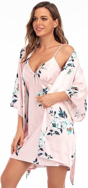 Escalier Women's Silk Satin Pajamas Sets 2Pcs Floral Silky Pj Robe Set with Chemise Nightgown    ... | Amazon (US)