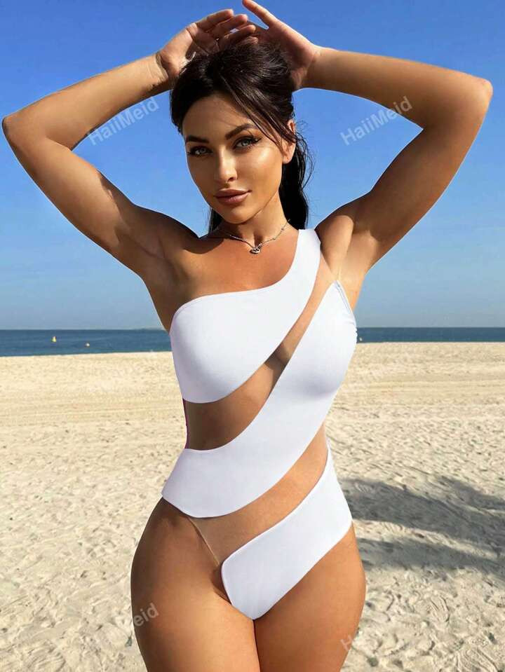 Women Mesh Splicing One-Shoulder Sleeveless Sexy One-Piece Swimsuit | SHEIN