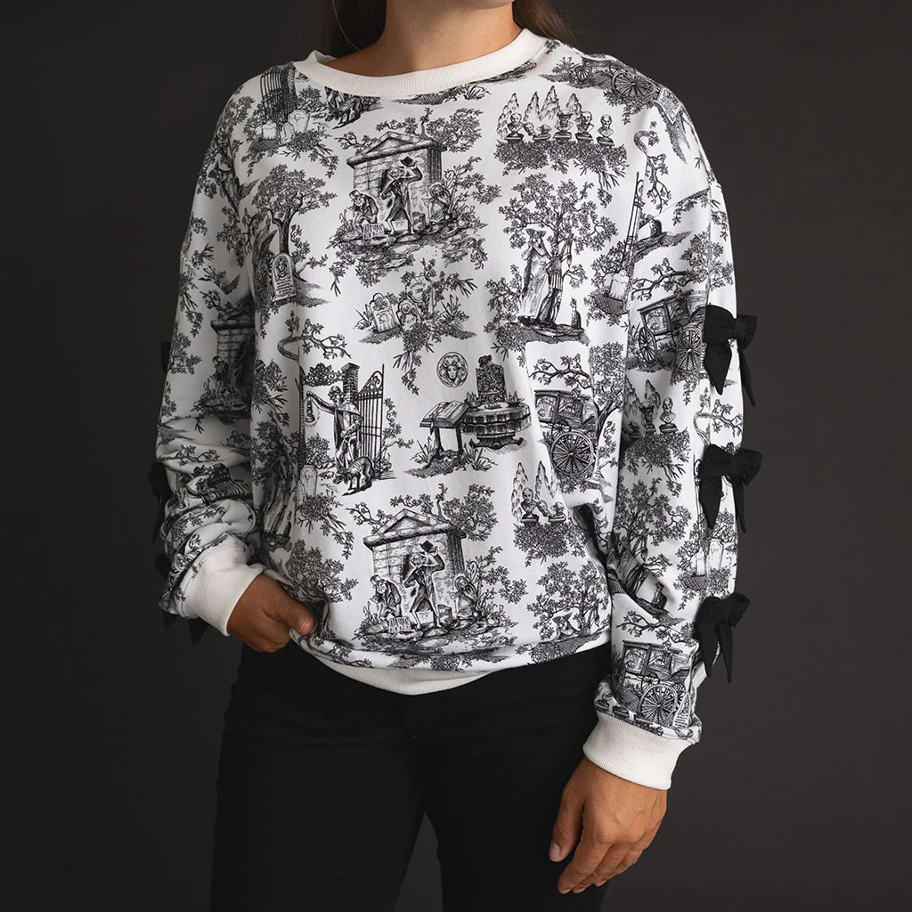 999 Happy Haunts White Relaxed Disney The Haunted Mansion Toile Women's Fleece Pullover Sweatshir... | Posh Peanut