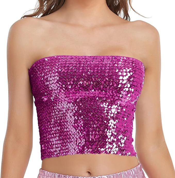 Womens Sparkly Sequin Mermaid Crop Tops, Strapless Metallic Tube Tops for Party Clubwear | Amazon (US)