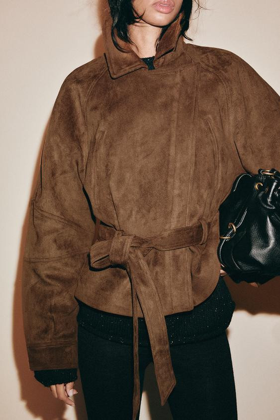 Zara - Faux Suede Belted Jacket - Toffee - L - Woman | Zara US