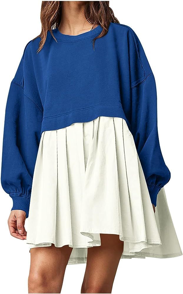 Women's Plus Size Sweatshirt Dress Crewneck Long Sleeve Pullover Patchwork Dress Short Fall Cloth... | Amazon (US)