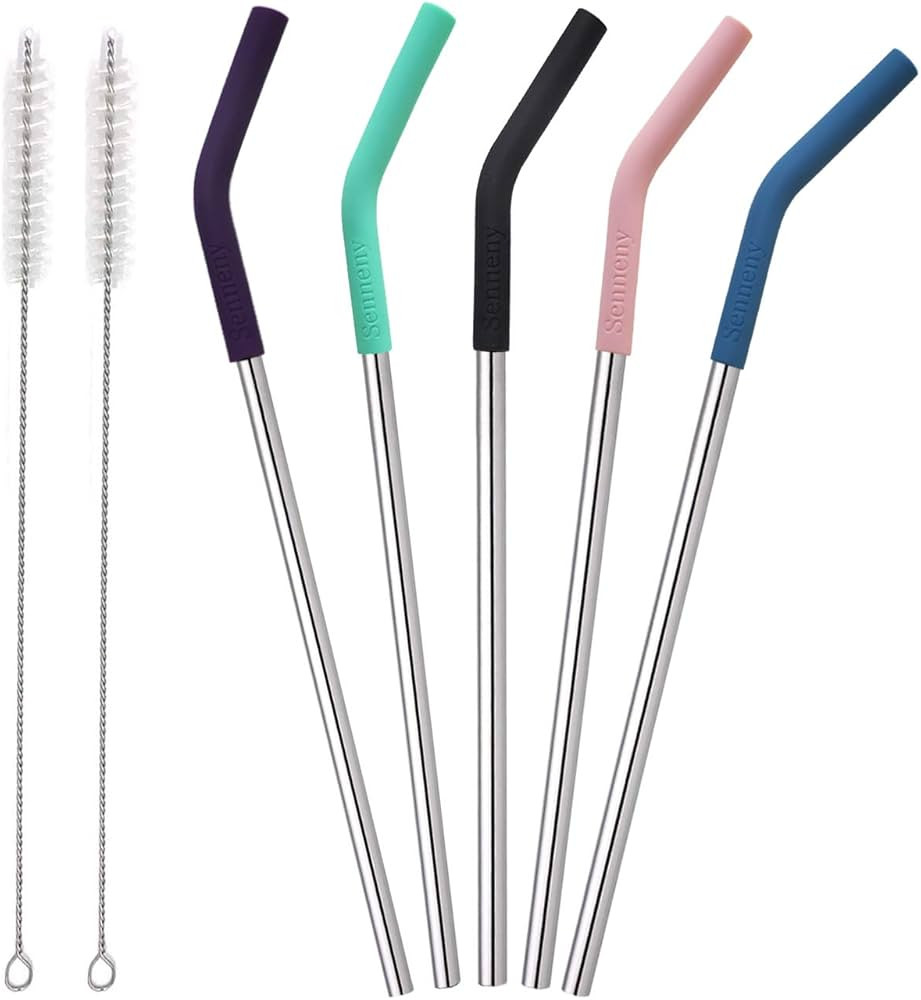 Senneny Set of 5 Stainless Steel Straws with Silicone Flex Tips Elbows Cover, 2 Cleaning Brushes ... | Amazon (US)