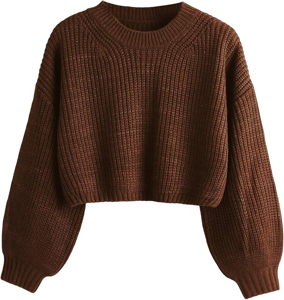 SHENHE Women's Cropped Sweaters Long Bell Sleeve Crewneck Knitted Crochet Pullover Sweaters Brown... | Amazon (US)