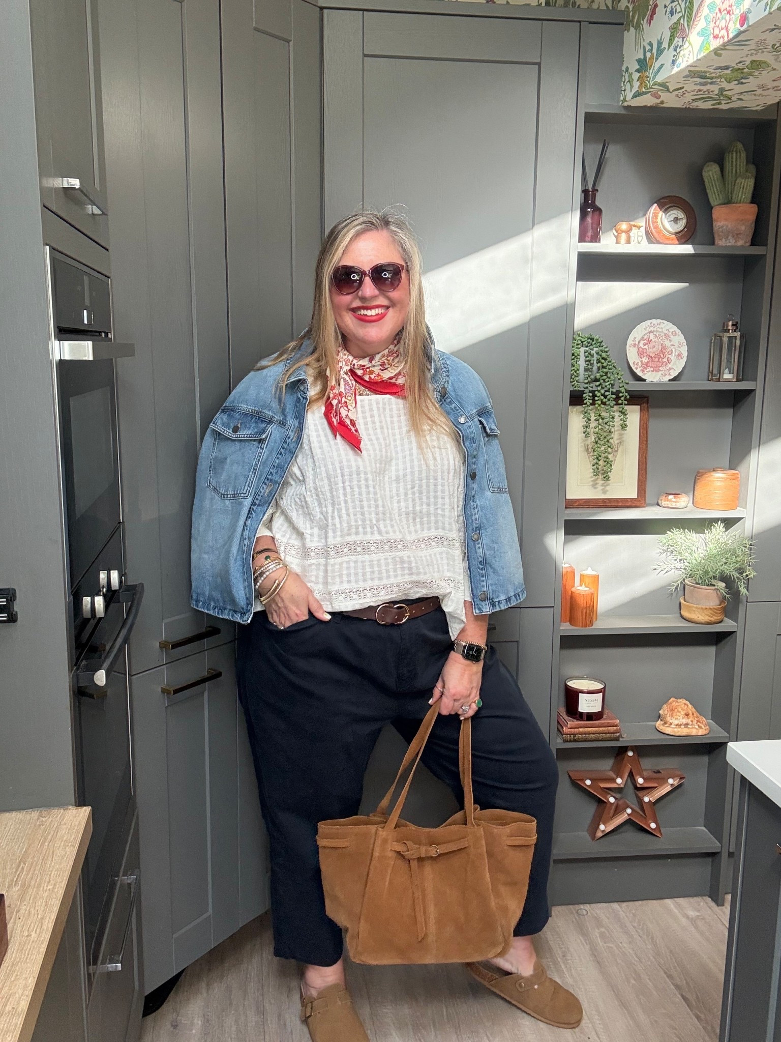 Spring inspo, denim jacket, white shirt, navy chinos, neck scarf, red sunglasses, tan suede tote, tan suede mules 

#LTKOver40 #LTKPlusSize

#LTKspringtrends