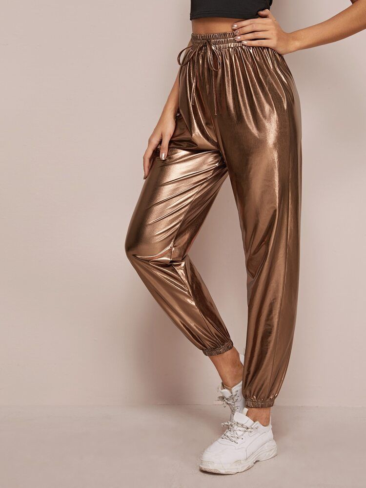 Elastic Waist Metallic Pants | SHEIN