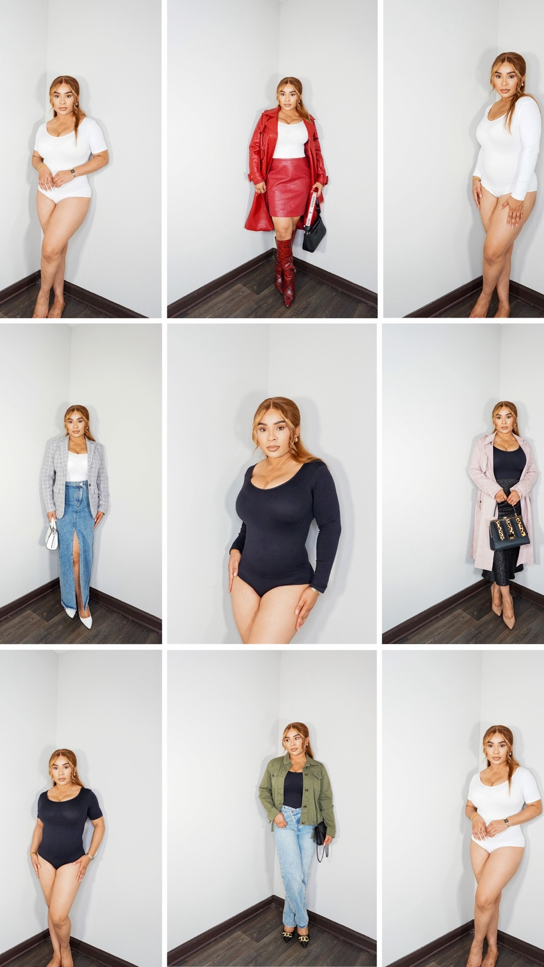 4 ways to style a bodysuit both short and long sleeves. It’s easy to style in multiple ways and versatile looks for office, business, brunch, party and so on.

Essential looks, basic, basic essentials, bodysuit, office wear, brunch, party, business 