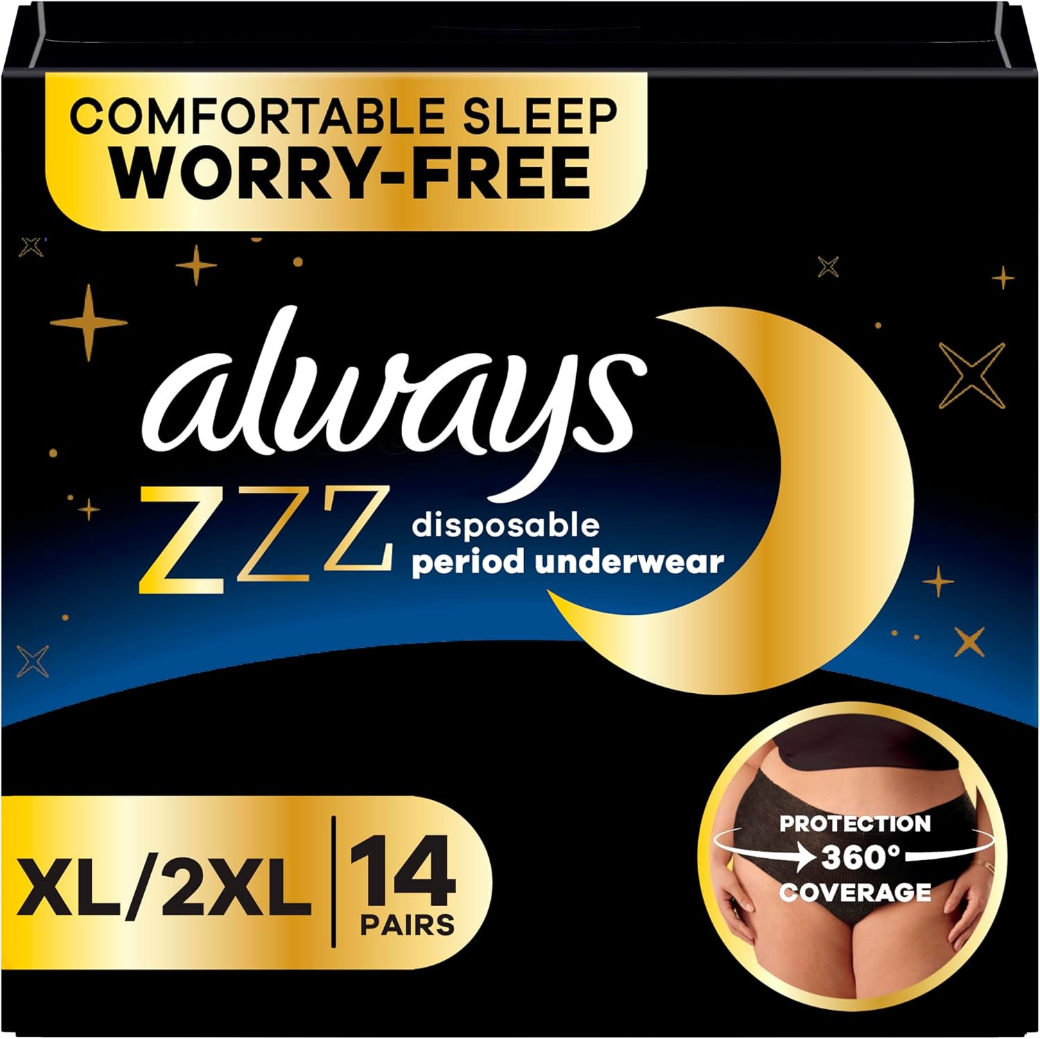 Always ZZZ Overnight Disposable Period Underwear for Women Size XL-2XL, 360° Coverage for Worry-Free Nights and Comfortable Sleep Period Protection, 7 Count x 2 Pack (14 Count Total) | Amazon (US)