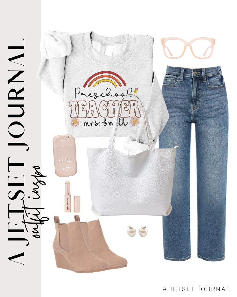 Next, style this customized teacher sweatshirt plus KDF jeans combo. Style it with a WLLWOO soft vegan leather tote bag and JIM HALO oversized blue-light glasses. Wear these apple-shaped earrings, too! 

 #LTKSeasonal #LTKSaleAlert #LTKTravel