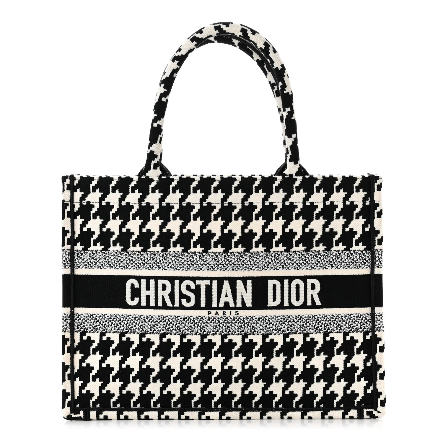 Canvas Macro Houndstooth Embroidered Medium Book Tote Black White | FASHIONPHILE (US)