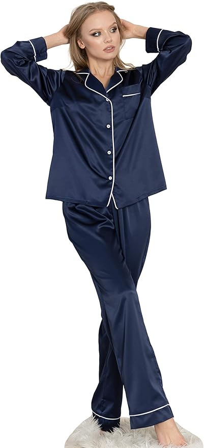 Seide Pyjamas für Frauen Set, Satin Pyjama Set Damen, Lange PJs Pyjamas Nachtwäsche | Amazon (DE)