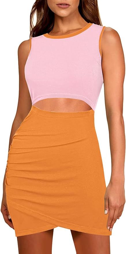 Pink Queen Women's Summer Crew Neck Sleeveless Cutout Ruched Ribbed Bodycon Mini Short Dress | Amazon (US)