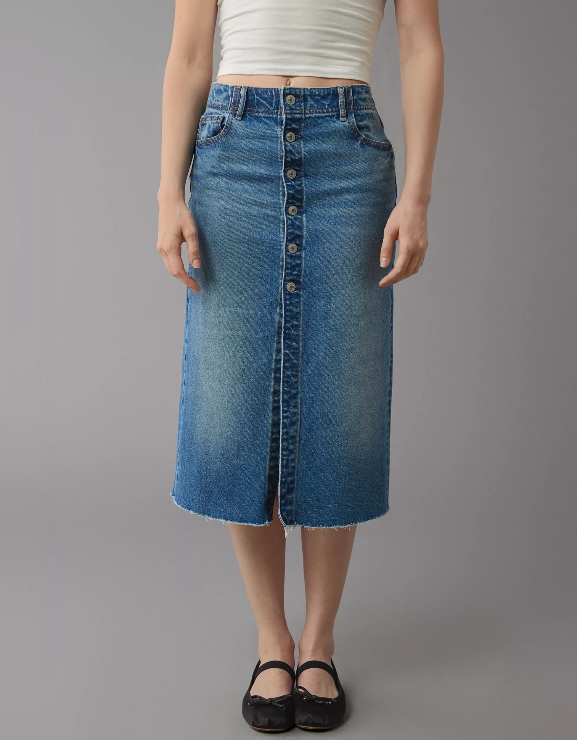 AE Stretch Super High-Waisted Denim Midi Skirt | American Eagle Outfitters (US & CA)