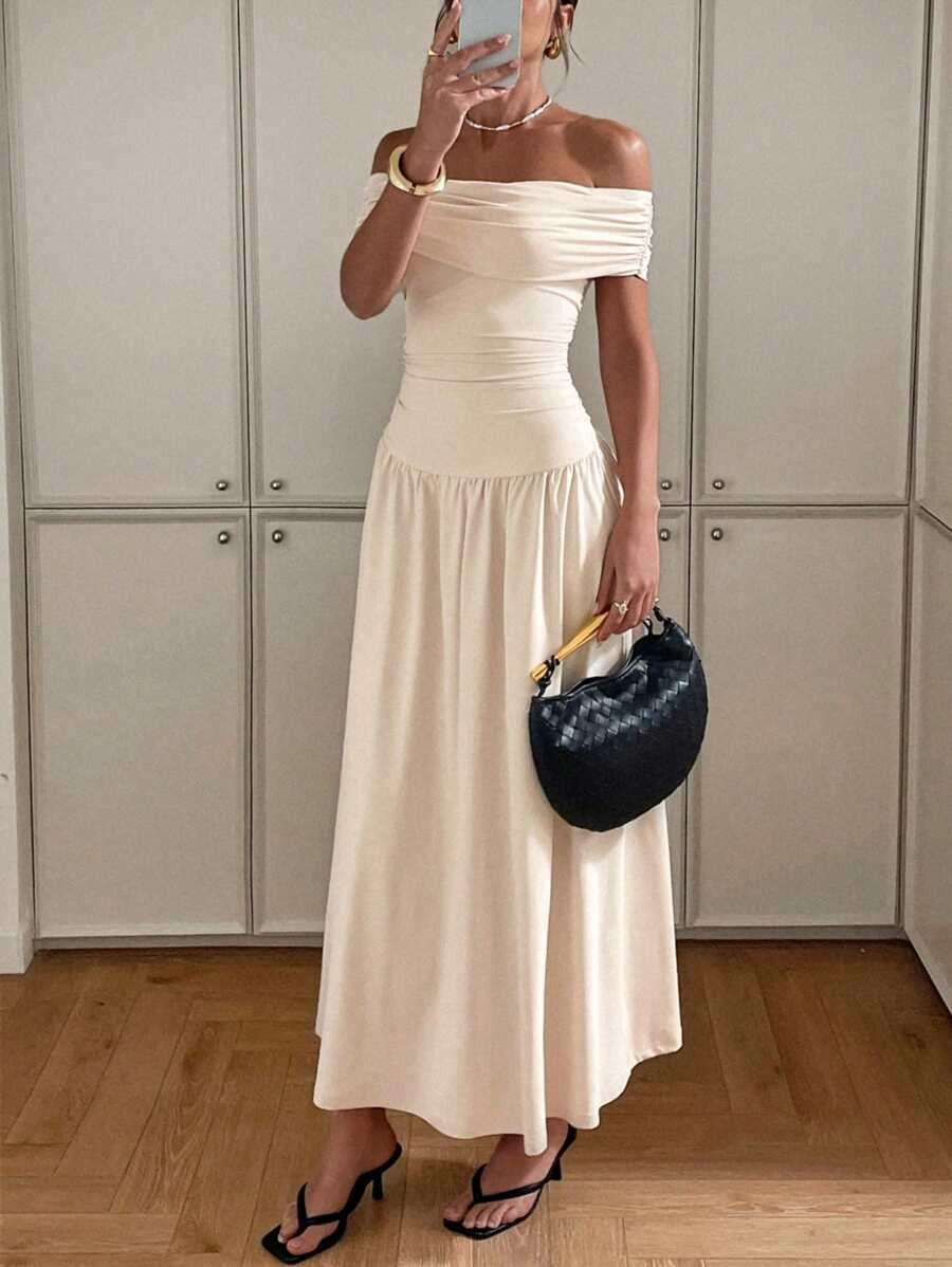 Siren Gaze Women's Solid Off Shoulder Cinched Waist Dress, Simple & Minimalist, Summer Elegant Ch... | SHEIN